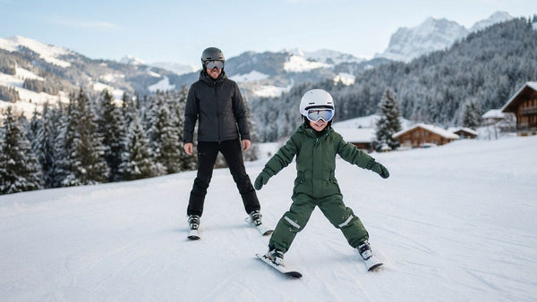 Smiling child in a ski suit snowploughing down a beginner slope, with a parent skiing behind