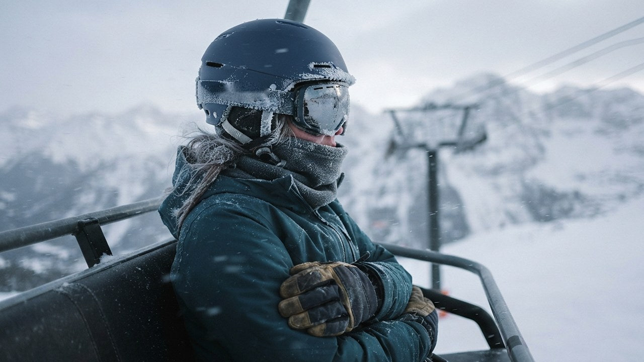 Sciatore seduto su una seggiovia nel freddo pungente, con casco e occhiali coperti di brina e le braccia incrociate per scaldarsi