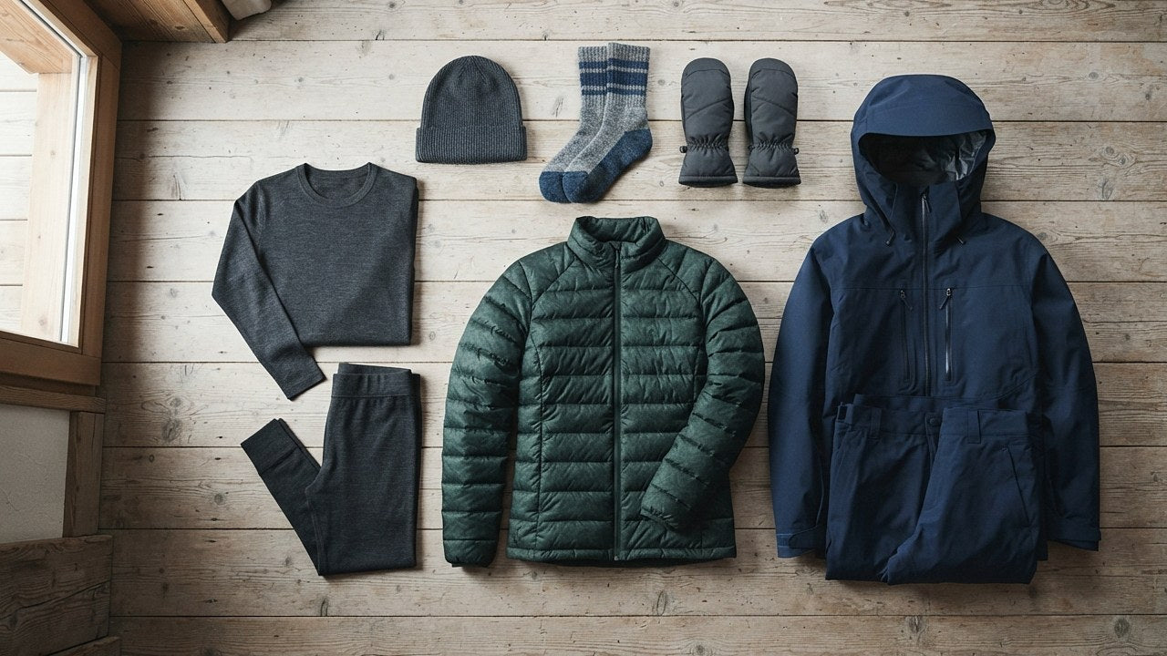 Complete ski outfit laid out in three layers on a wooden chalet floor: merino wool base layer, down mid layer and waterproof ski jacket